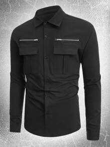 ROMWE MEN Goth Men Flap Pocket Zip Detail Shirt - Black - View 1