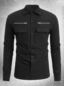 ROMWE MEN Goth Men Flap Pocket Zip Detail Shirt - Black - View 3