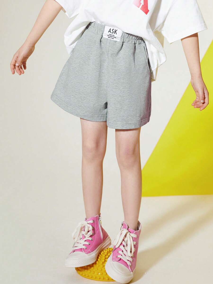 Tween Girl Letter Patched Detail Shorts - Grey - View 1