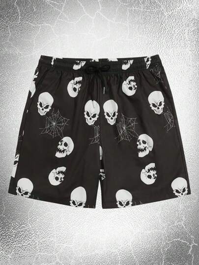 Goth Guys Skull & Cobweb Graphic Drawstring Shorts