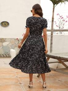 碎花泡泡袖洋裝 - 黑色 - 查看 2