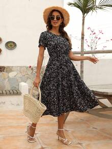 碎花泡泡袖洋裝 - 黑色 - 查看 4