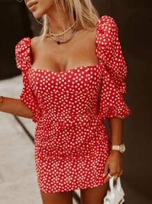 CILKOO Ditsy Floral Print Backless Dress - Red - View 1