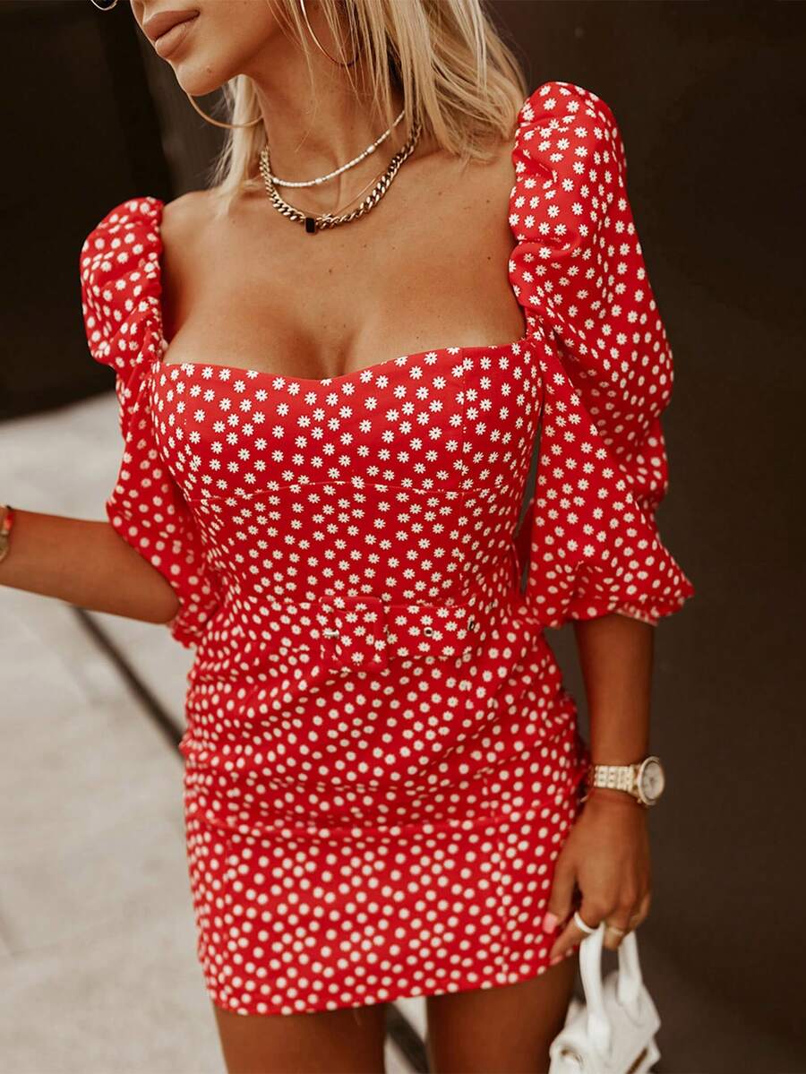 CILKOO Ditsy Floral Print Backless Dress - Red - View 1