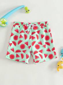 Young Boy Adjustable Drawstring Cartoon Fruit Printed Loose Beach Shorts One-Piece Swim Trunks - Multicolor - View 1