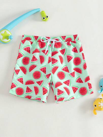 Young Boy Adjustable Drawstring Cartoon Fruit Printed Loose Beach Shorts One-Piece Swim Trunks