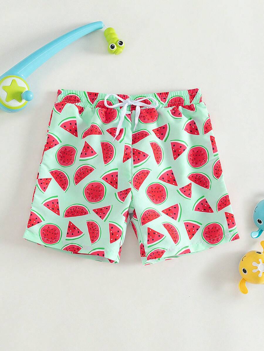 Young Boy Adjustable Drawstring Cartoon Fruit Printed Loose Beach Shorts One-Piece Swim Trunks - Multicolor - View 1