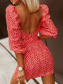 CILKOO Ditsy Floral Print Backless Dress - Red - View 2