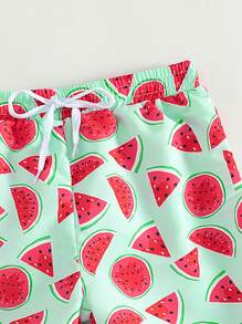 Young Boy Adjustable Drawstring Cartoon Fruit Printed Loose Beach Shorts One-Piece Swim Trunks - Multicolor - View 5