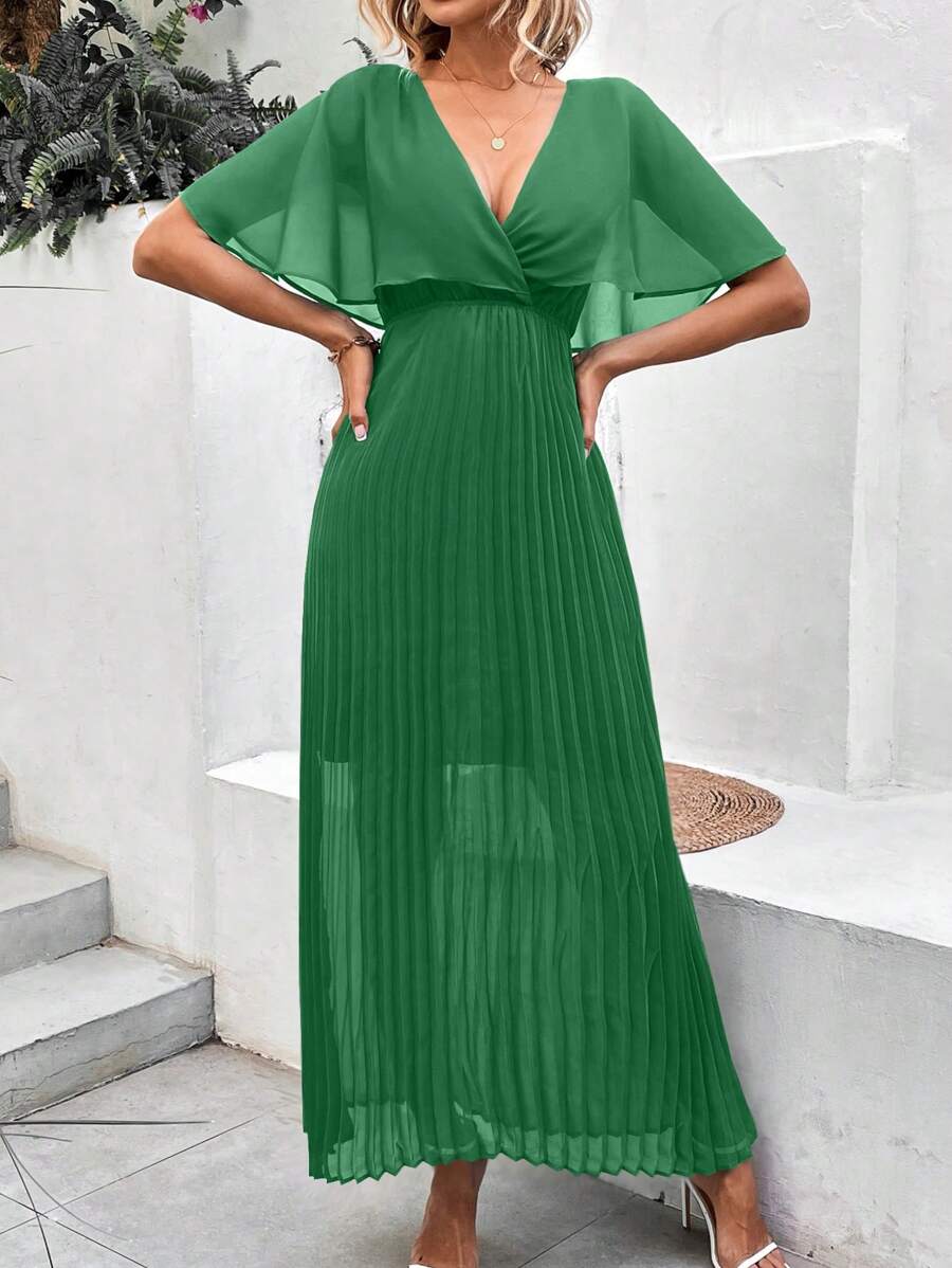 SHEIN Clasi Plunge Neck Batwing Sleeve Pleated Dress - Green - View 1