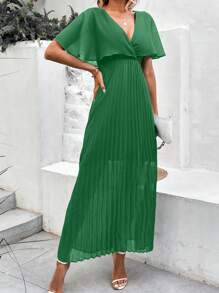 SHEIN Clasi Plunge Neck Batwing Sleeve Pleated Dress - Green - View 3