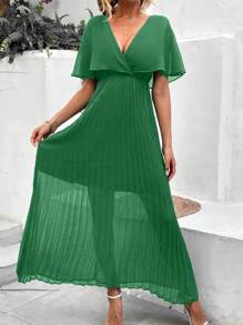 SHEIN Clasi Plunge Neck Batwing Sleeve Pleated Dress - Green - View 5
