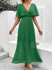 SHEIN Clasi Plunge Neck Batwing Sleeve Pleated Dress - Green - View 6