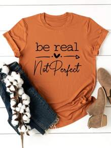 SHEIN LUNE Camiseta gráfica de verano para mujer con corazón y eslogan "Sé real, no perfecto"