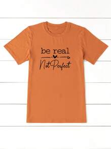 SHEIN LUNE Camiseta gráfica de verano para mujer con corazón y eslogan "Sé real, no perfecto"