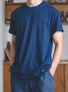 Hombres Camiseta con bordado de letra detalle - Azul Marino - Ver 1