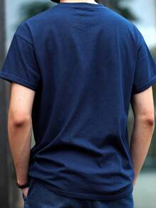 Hombres Camiseta con bordado de letra detalle - Azul Marino - Ver 2