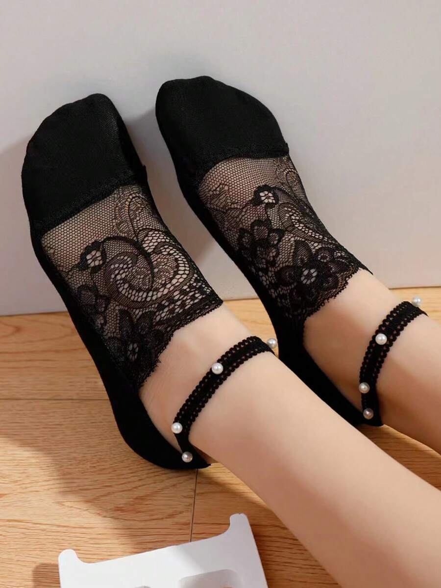 Tất cổ ngắn ren nhẹ, chi tiết ngọc trai giả, vô hình, kiểu buộc dây thanh lịch và thoải mái, tất cổ ngắn thoáng khí cho ngày lễ tình nhân - màu đen - Xem 1