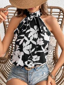 SHEIN VCAY Floral Print Tie Front Halter Neck Blouse - Black and White - View 1