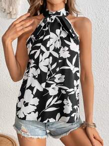 SHEIN VCAY Floral Print Tie Front Halter Neck Blouse - Black and White - View 3