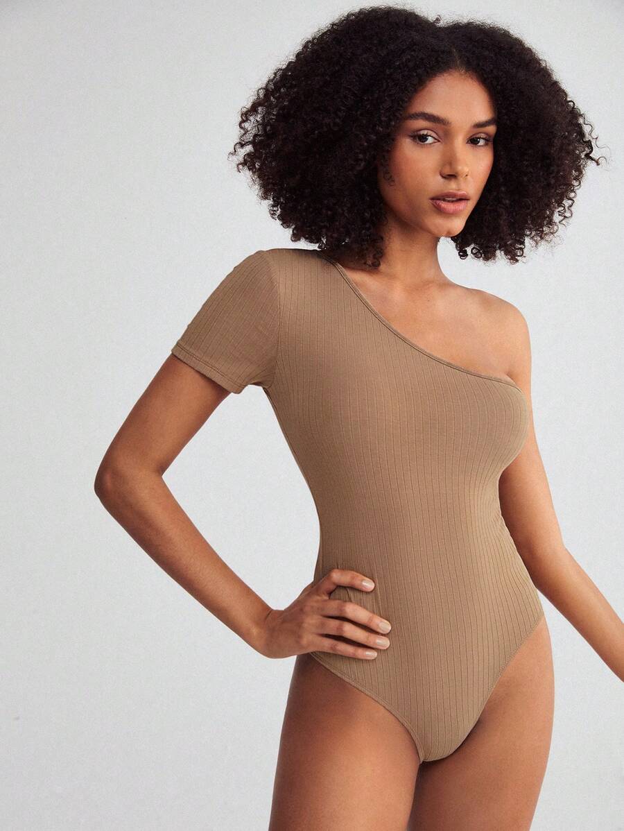 SHEIN BASICS One Shoulder Solid Tee Bodysuit - Mocha Brown - View 1