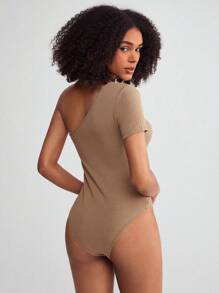 SHEIN BASICS One Shoulder Solid Tee Bodysuit - Mocha Brown - View 2