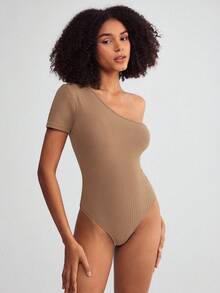 SHEIN BASICS One Shoulder Solid Tee Bodysuit - Mocha Brown - View 5