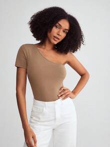 SHEIN BASICS One Shoulder Solid Tee Bodysuit - Mocha Brown - View 6