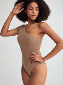SHEIN BASICS One Shoulder Solid Tee Bodysuit - Mocha Brown - View 7