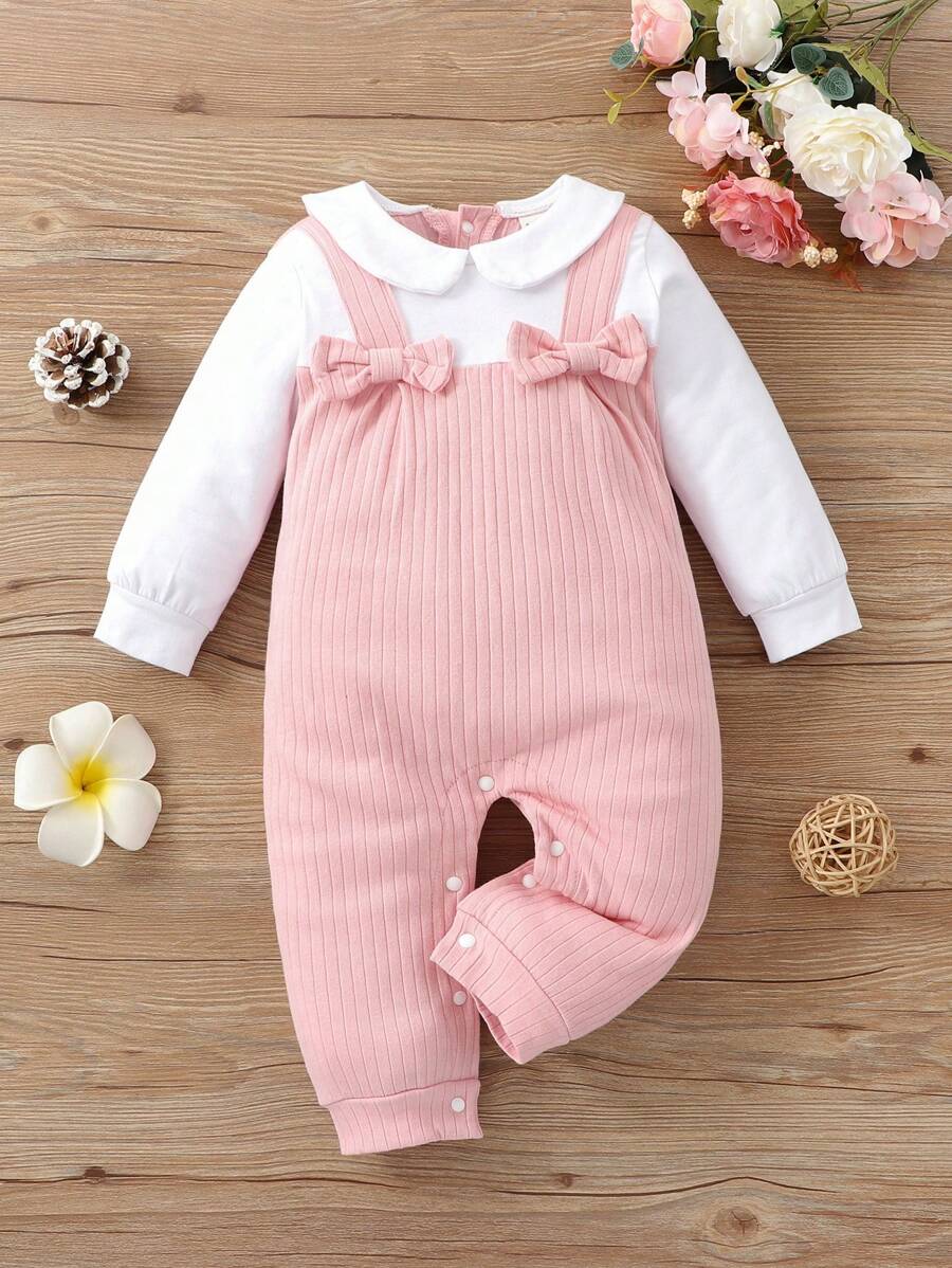 嬰兒娃娃領前蝴蝶結二合一連身褲 - 粉色 - 查看 1