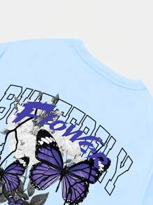 ROMWE MEN Goth 男士蝴蝶圖案T恤 - 淺藍色 - 查看 4
