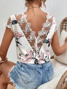 SHEIN Frenchy Floral Print Contrast Lace Blouse - White - View 1