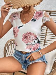 SHEIN Frenchy Floral Print Contrast Lace Blouse - White - View 5