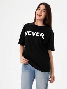RueChic Teen Girls Letter Graphic Drop Shoulder Tee - Black - View 1