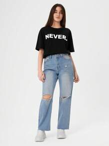 RueChic Teen Girls Letter Graphic Drop Shoulder Tee - Black - View 3