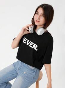 RueChic Teen Girls Letter Graphic Drop Shoulder Tee - Black - View 4