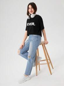 RueChic Teen Girls Letter Graphic Drop Shoulder Tee - Black - View 7