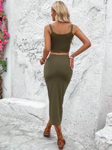 Breezaya Solid Ribbed Knit Cami Top & Knot Front Wrap Skirt - Army Green - View 2