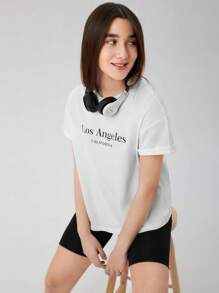 RueChic Teen Girls Letter Graphic Drop Shoulder Tee - White - View 5