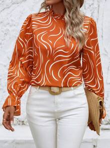 EMERY ROSE 滿版印花荷葉袖襯衫 - 亮橙色 - 查看 5