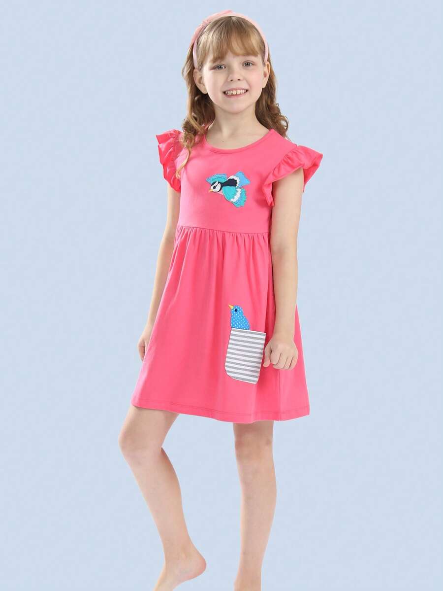 Toddler Girls Cartoon Graphic Ruffle Trim Smock Dress - Pink - View 1