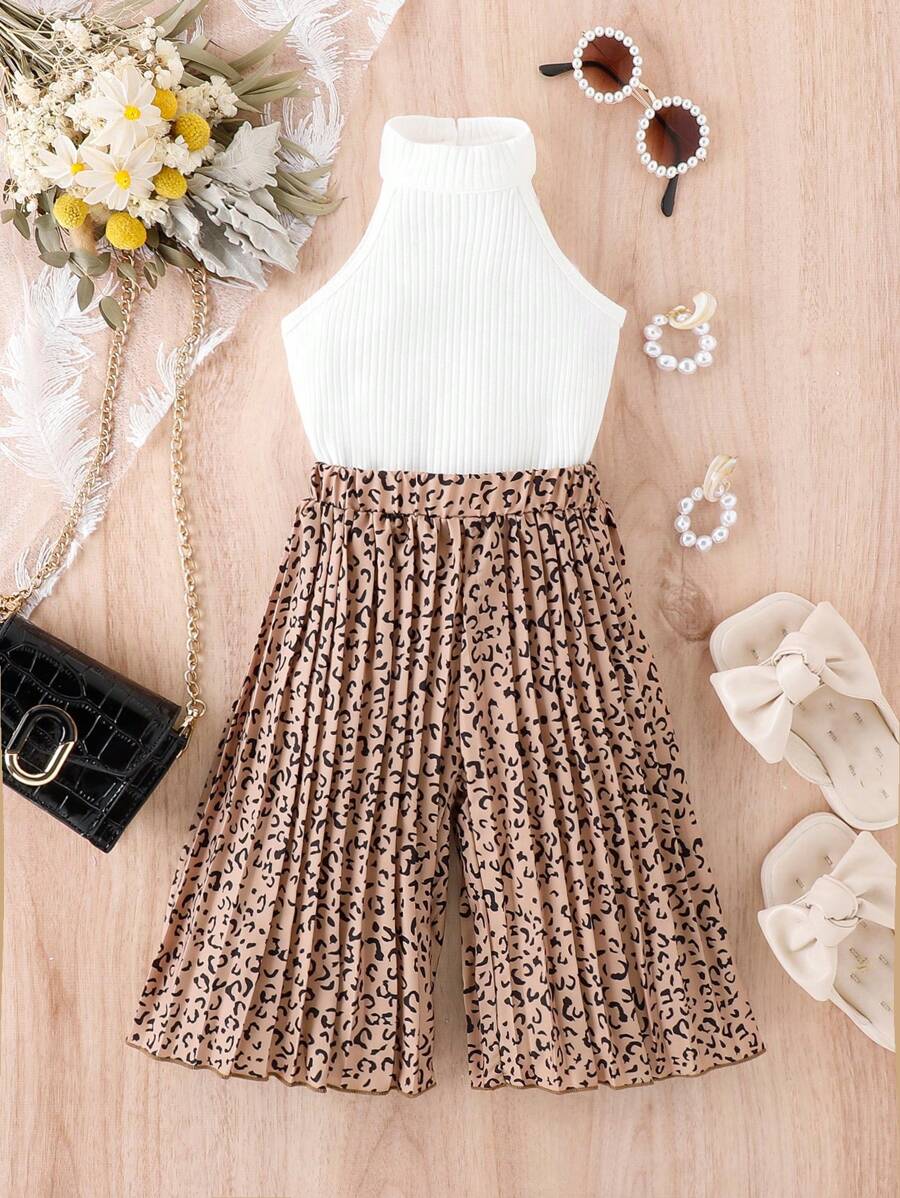 嬰兒掛脖上衣和豹紋印花百褶闊腿褲 - 卡其色 - 查看 1