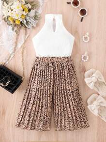 嬰兒掛脖上衣和豹紋印花百褶闊腿褲 - 卡其色 - 查看 2