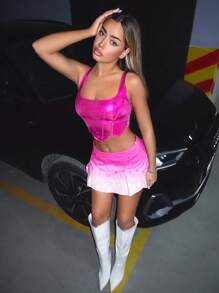 SHEIN ICON Metallic Asymmetrical Hem Crop Tank Top - Hot Pink - View 1