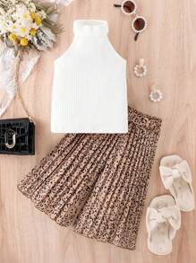 嬰兒掛脖上衣和豹紋印花百褶闊腿褲 - 卡其色 - 查看 6