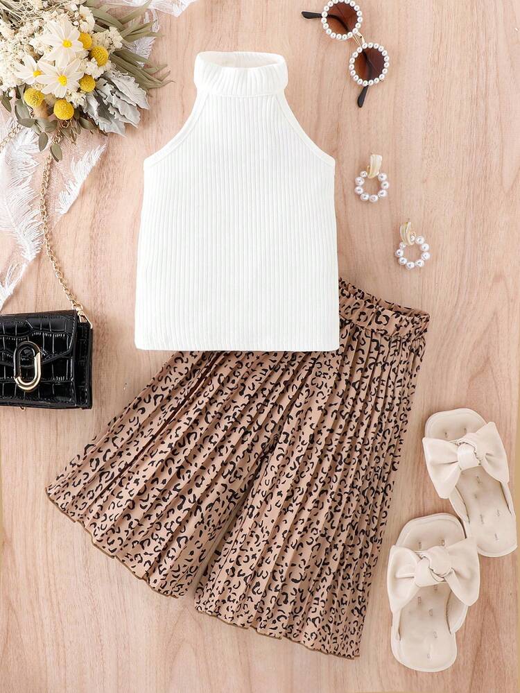 嬰兒掛脖上衣和豹紋印花百褶闊腿褲 - 卡其色 - 查看 6