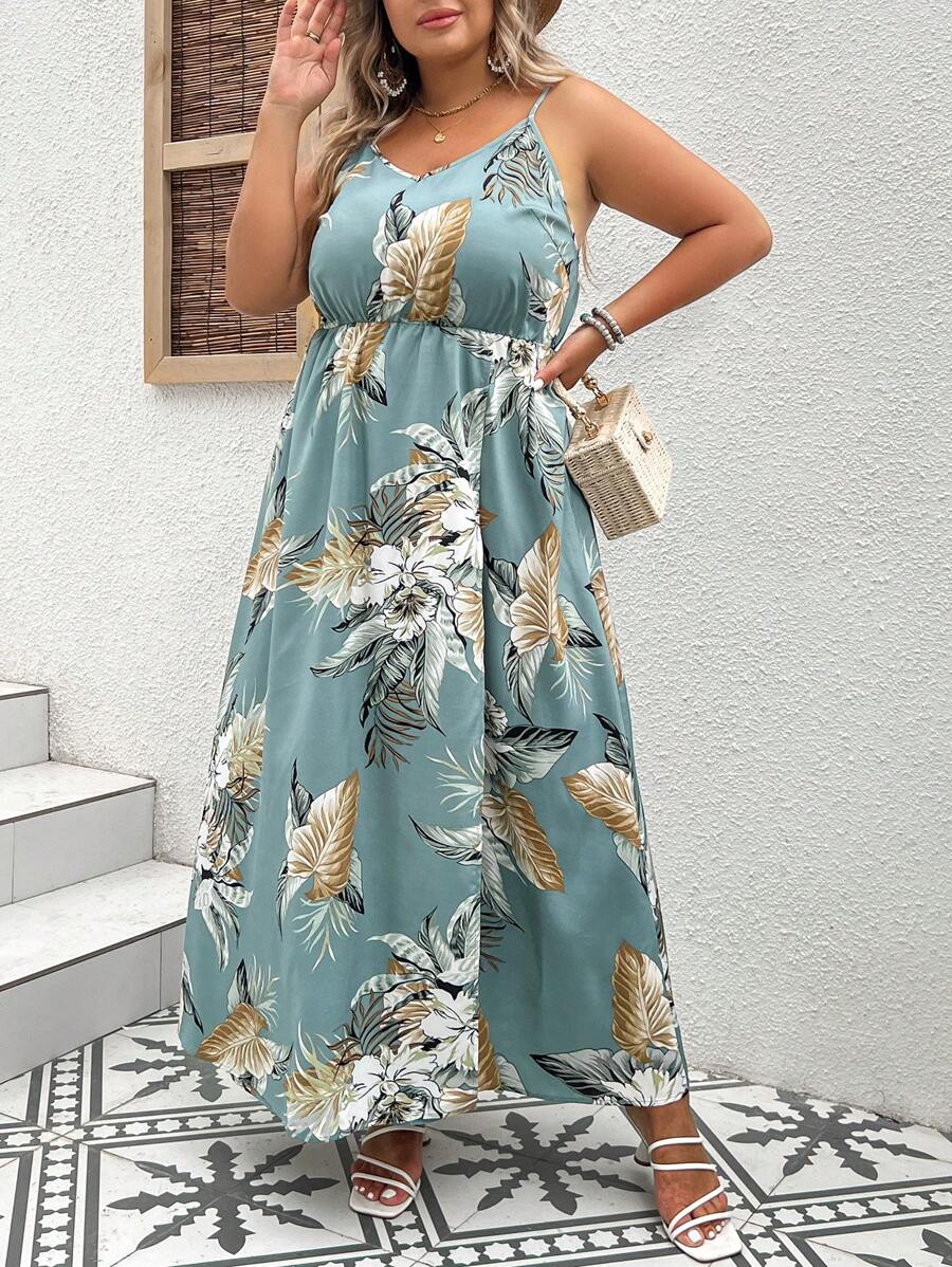 SHEIN VCAY Plus Tropical Print Cami Dress - Mint Green - View 1