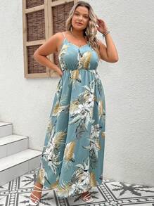 SHEIN VCAY Plus Tropical Print Cami Dress - Mint Green - View 3