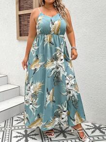 SHEIN VCAY Plus Tropical Print Cami Dress - Mint Green - View 4