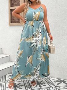 SHEIN VCAY Plus Tropical Print Cami Dress - Mint Green - View 5